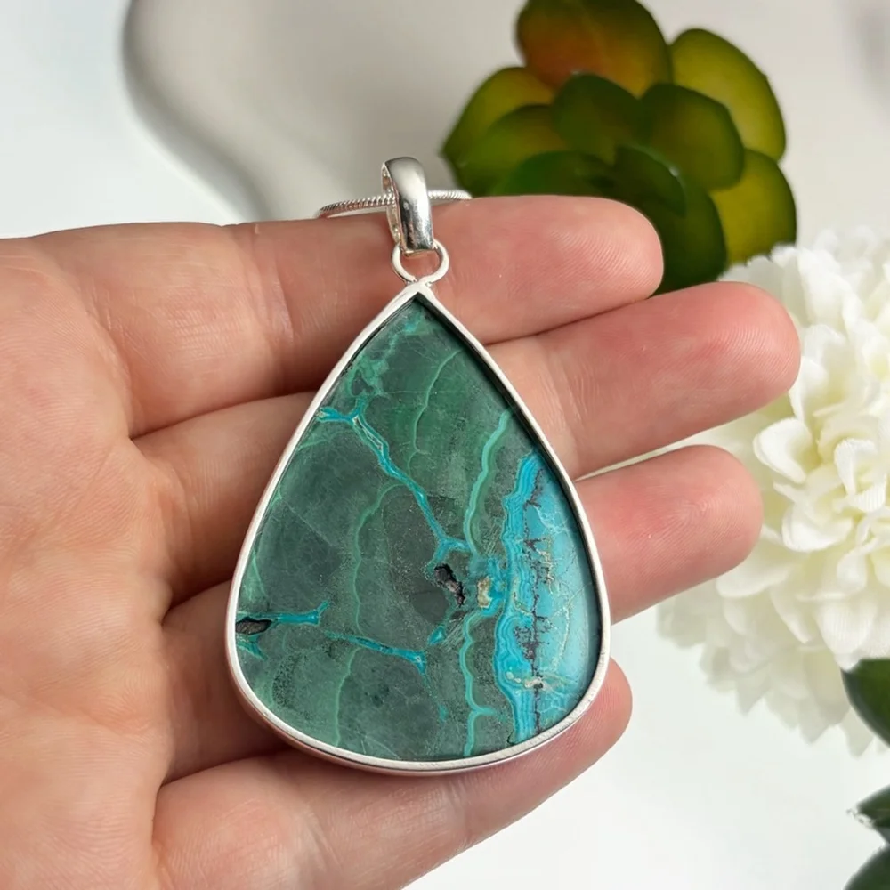 Pure Sterling Silver 925 XL Top Quality Malachite Chrysocolla Pendant Pear New